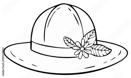 Elegant sun hat with flower and leaf decoration outlined for crafting and design