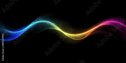 Abstract colorful background featuring glowing fractal lines and digital wave patterns with futuristic energy motion in a vibrant rainbow illustration on a black backdrop design