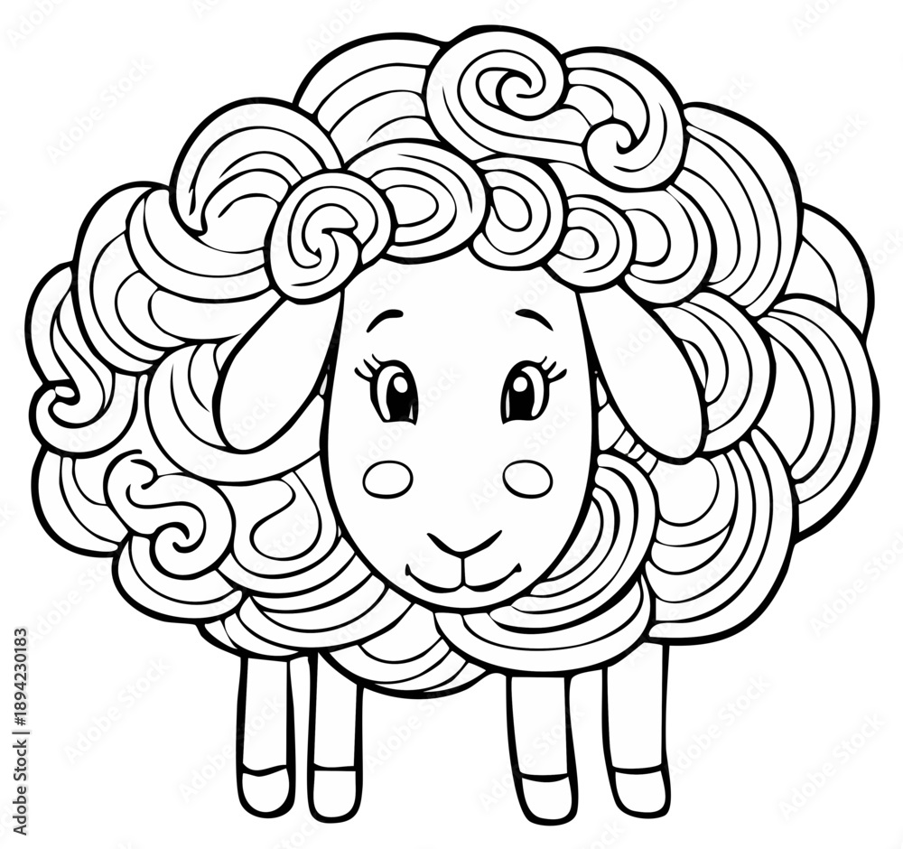 Obraz premium Cute cartoon sheep with curly wool illustration for coloring and children's design