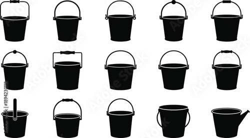 Bucket silhouettes set, household containers isolated black plastic metal water cleaning illustration collection icons design