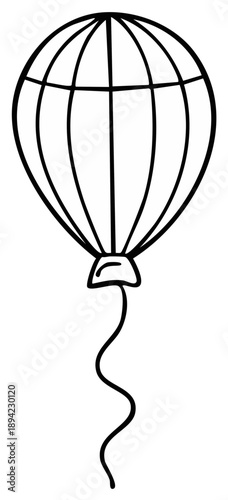 Hand Drawn Hot Air Balloon with Flowing String Isolated on White