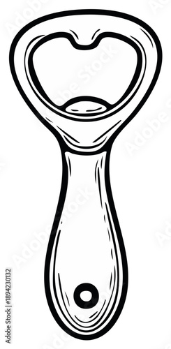 Bottle opener illustration in black and white, line drawing, on white background