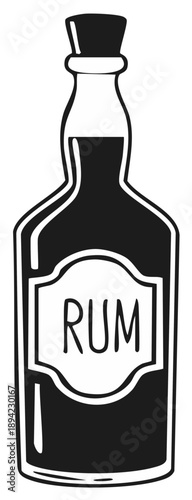 Rum bottle vector illustration, dark liquor in glass bottle with cork, booze doodle, simple flat style icon