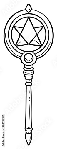 Hand drawn magic wand with pentagram symbol, sketch illustration of magic object