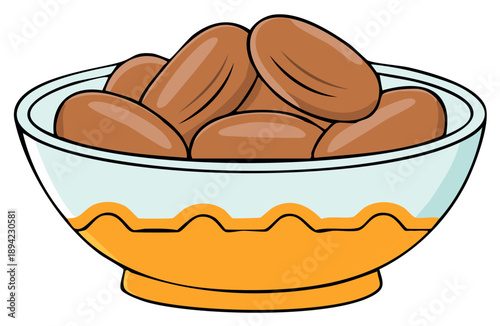 Brown dates in a decorative bowl, a healthy snack food