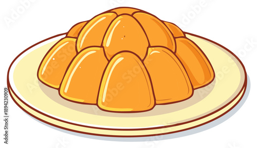 Cartoon illustration of a shiny orange flavored fruit jelly dessert served on a plate.