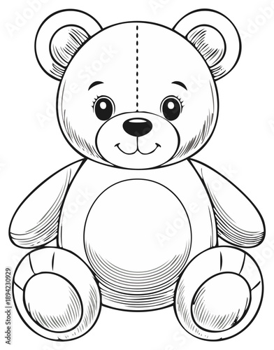 Line art of a cartoon teddy bear sitting with big eyes, cute expression and visible fur texture, sketch design.