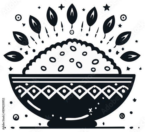 Stylized Black and White Bowl of Grains with Decorative Elements