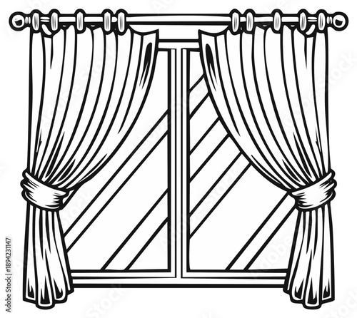 Window with curtains classic black and white illustration