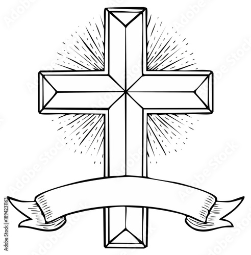 Religious Christian Cross with Radiating Light and Banner
