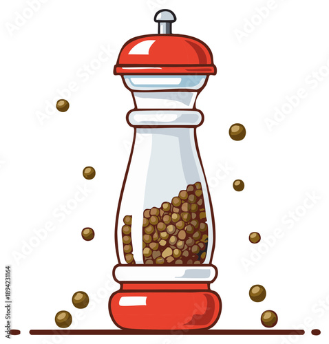 Cartoon style pepper grinder mill filled with black peppercorns for seasoning food and adding flavor vector illustration