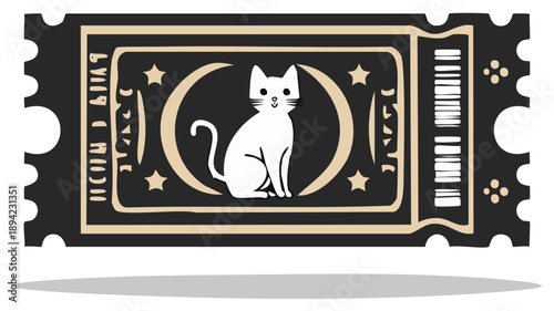 Whimsical White Cat Sitting Before Crescent Moon and Stars on Vintage Ticket Design