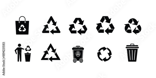 Recycle silhouette icon set, ecology environment protection, reusable shopping bag, waste bin management, green circular arrows, and more vector illustration with editable stroke.