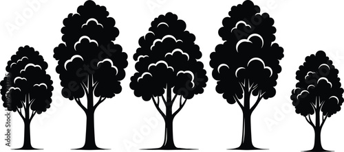 Stylized tree silhouette vector set, five black decorative botanical shapes with cloud-like foliage and varied trunk designs