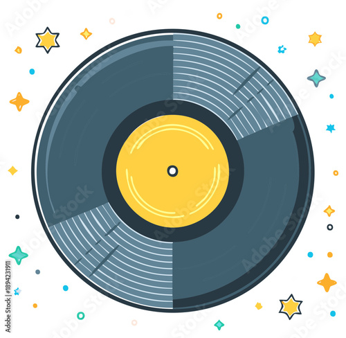 Vintage Vinyl Record with Party Stars and Confetti Celebration