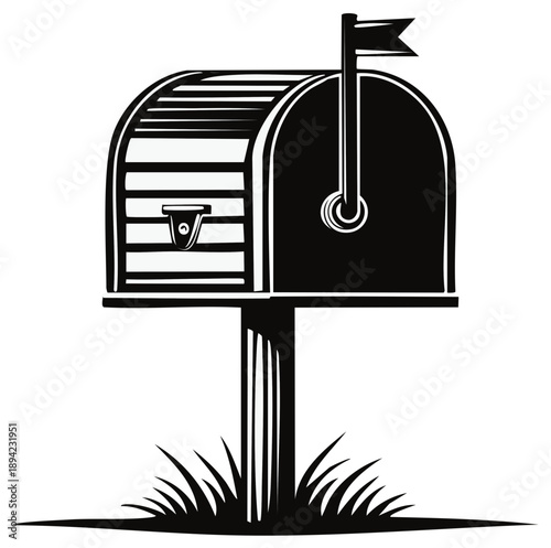 Black and white illustration of a vintage mailbox with flag raised.