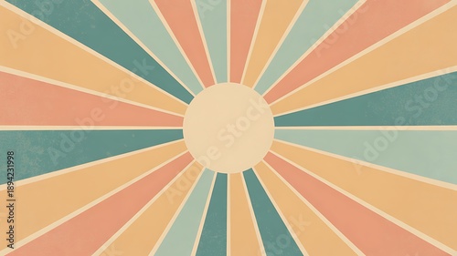 Retro style poster background with sunburst,
muted pastel tones (peach, mint, cream), subtle grain texture, vector illustration, ideal para anúncios, cartazes ou capas de livro