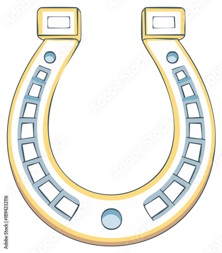 Stylized golden horseshoe with blue accents and nail holes representing luck and equestrian themes