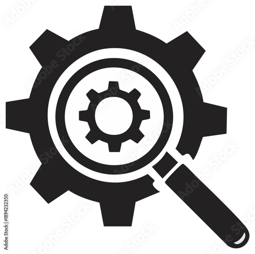 Magnifying glass examining gear mechanism, symbol for analysis, search, inspection, or finding solutions.