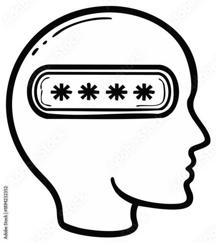 Thinking Head with Password Concept Security Mind Memory Personal Data Protection Safety Protection Online Outline Vector Illustration