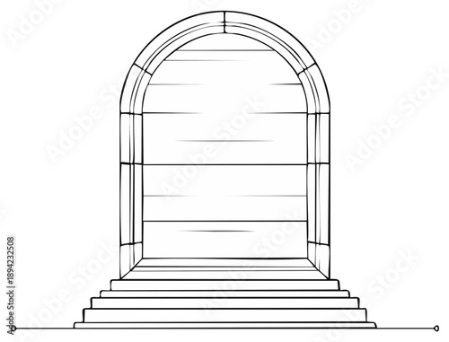 Minimalist illustration of a stone arched entrance with steps evoking ancient ruins architecture and a symbolic gateway towards a mysterious portal