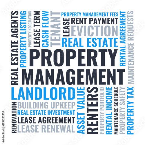 Property management word cloud landlord tenant and rental income concept. Property management real estate typography