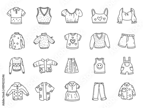 Wardrobe clothes set in outline line art featuring shirts sweaters jackets skirts dresses shorts jeans overalls kids fashion apparel outfit wear