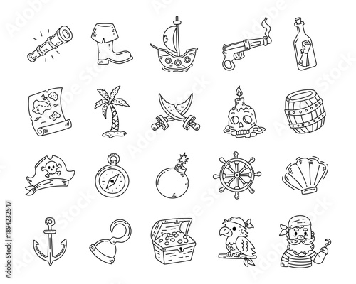 Pirate life adventure set in outline line art showing classic seafaring objects characters treasure navigation weapons symbols inspired by illustration for storytelling projects