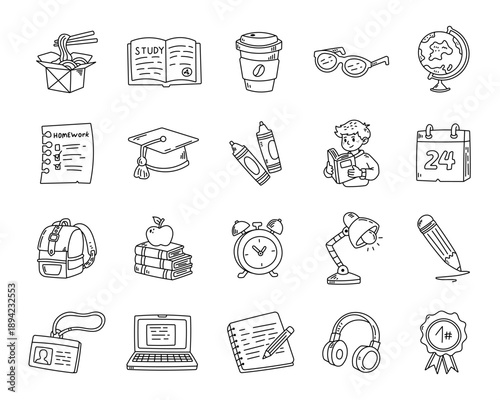 Student school life set in outline line art featuring study supplies reading tools calendar backpack globe medal headphones laptop notebook lamp