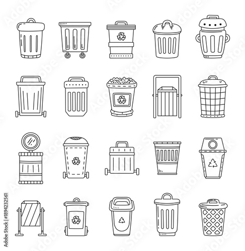 Trash bin disposal set in outline line art showing household public recycling containers designed for sanitation hygiene waste sorting daily use management needs