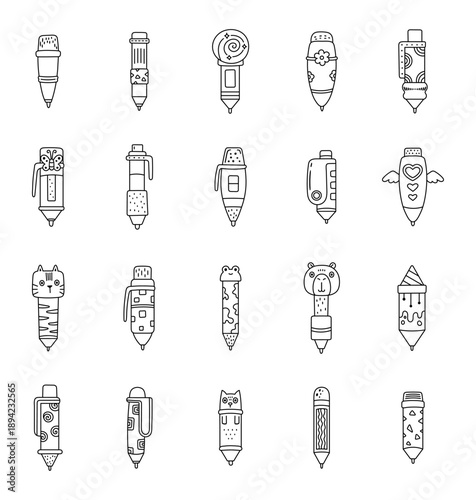Writing pen stationery set outline line art featuring everyday school office learning handwriting practice study supplies education use for your designs projects