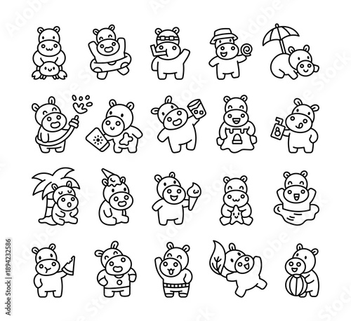 Hippo summer kawaii characters having fun at the beach while swimming eating ice cream, resting, playing with ball for your illustration and creative designs projects