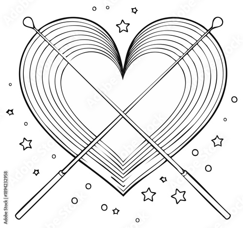 Heart shape with crossed knitting needles and star symbols in monochrome