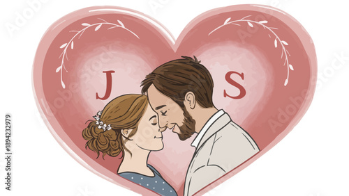 Tender Couple Embracing with Initials J and S Inside a Heart - Romantic Illustration for Wedding and Love
