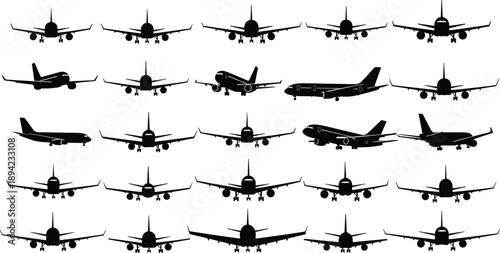 Monkey silhouette vector set, black jungle shapes of climbing, swinging, and walking primates with vines and branches