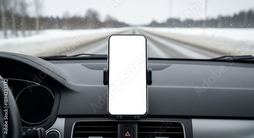 A modern car interior with a focus on a blank smartphone display, perfect for app advertisement.