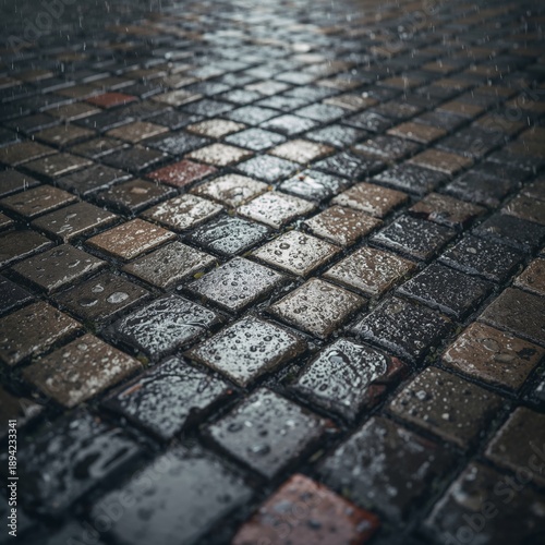 Wet Cobblestone Path After Rain Shows Reflections in the Evening Light