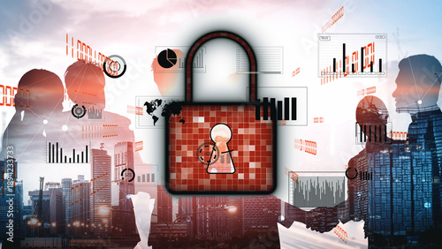 Foto Illustrating a blend of digital security and business analysis, this image features a padlock intertwined with charts and silhouettes, representing protection in a tech-driven world