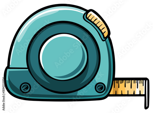 Turquoise Tape Measure Tool Illustration with Yellow Measuring Tape and Black Outline