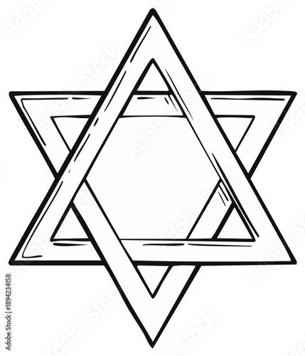 Hand drawn Star of David icon a Jewish symbol of faith and identity in black and white line art