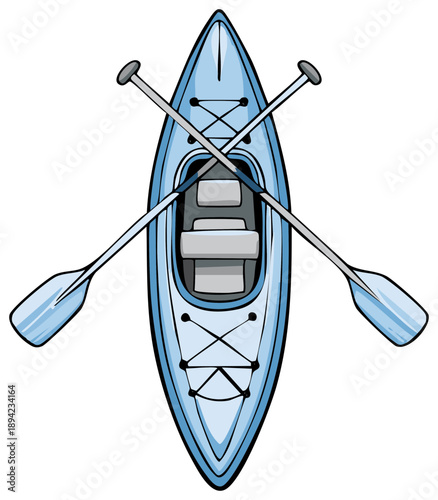 Blue kayak top down illustration with crossed paddles for recreation or water sports concept