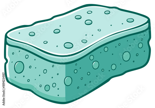 Illustration of green sponge cleaning tool for washing and scrubbing with circles