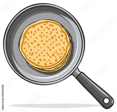 Cartoon frying pan with a stack of golden brown pancakes prepared for serving breakfast