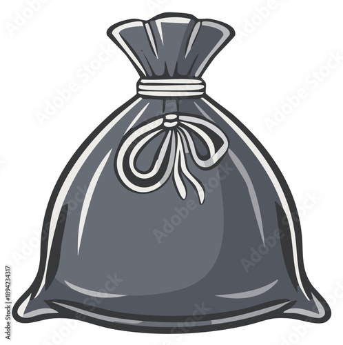 Cartoon Style Black Garbage Bag Tied With White Cord, Glossy Vector Illustration, Sack Isolated on White, Rubbish Container Icon