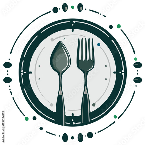 Fork and Spoon on Plate Framed by Circular Pattern, Food Service Concept, Restaurant, Isolated
