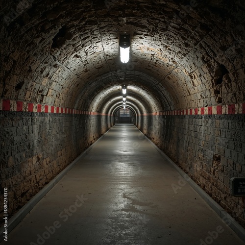 Long Tunnel With Lights and Stone Walls in an Old Structure Near a City