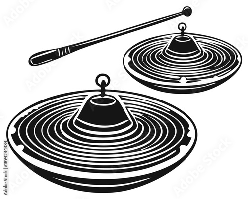 Illustration of percussion cymbals and a drumstick ready for a musical performance