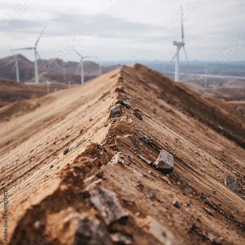 Wind Turbines Stand on a Mountain Ridge With Brown Rocky Landscape in the Bac...