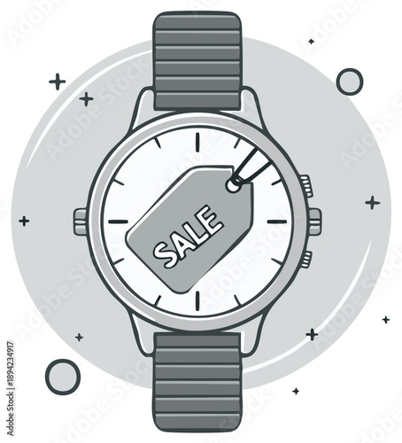 Outline illustration of a modern wristwatch with a prominent sale tag indicating discount shopping