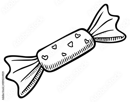 Wrapped candy with heart decorations in sketch style